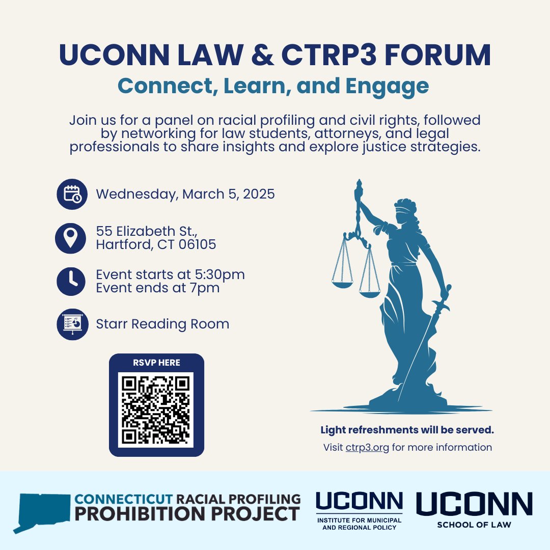 Connecticut Racial Profiling Prohibition Project (@ctrp_3) on Twitter photo Join us on March 5, 2025 at UConn Law for a panel on racial profiling and civil rights.
To RSVP, visit uconn.co1.qualtrics.com/jfe/form/SV_80…
For more information, visit ctrp3.org
<a href="/UConnSPP/">UConn School of Public Policy</a>
#RacialProfiling #CTRP Join us on March 5, 2025 at UConn Law for a panel on racial profiling and civil rights.
To RSVP, visit uconn.co1.qualtrics.com/jfe/form/SV_80…
For more information, visit ctrp3.org
<a href="/UConnSPP/">UConn School of Public Policy</a>
#RacialProfiling #CTRP