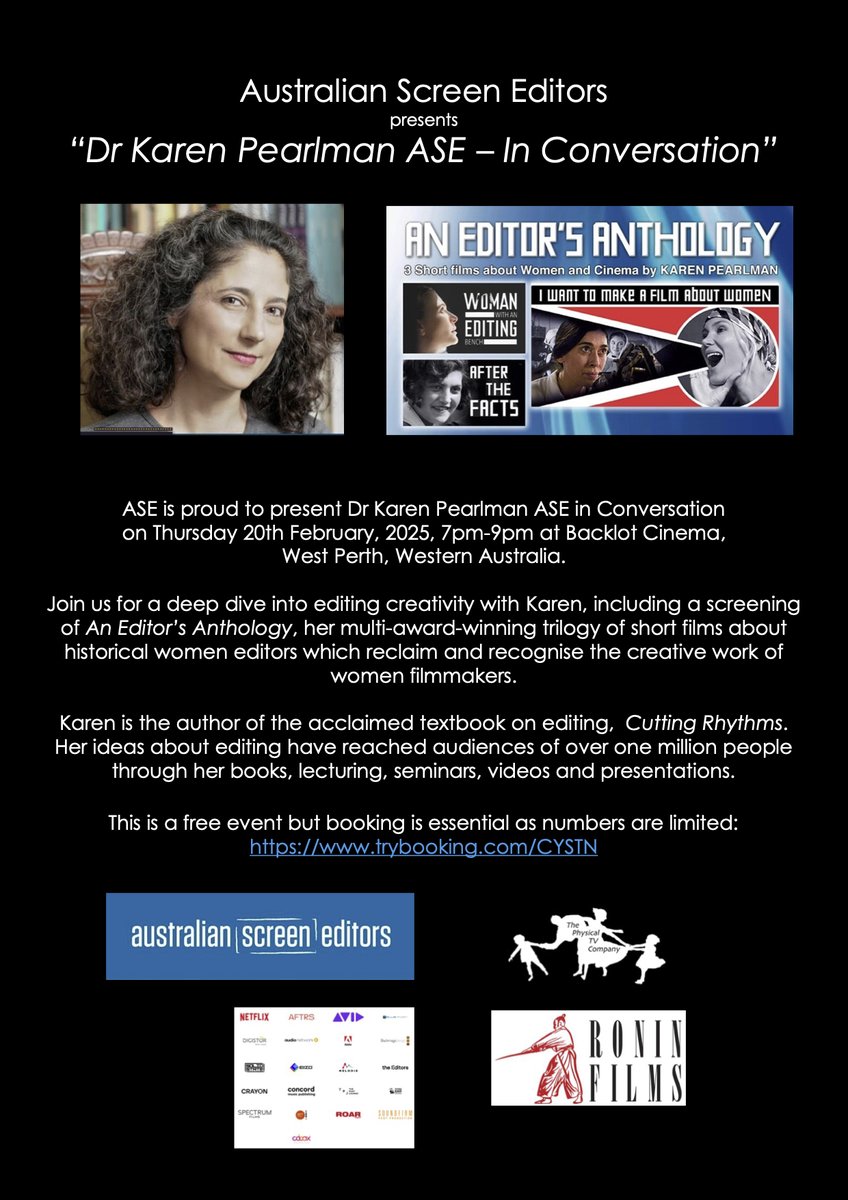 Multi-Award-Winning AN EDITOR'S ANTHOLOGY Special FREE Screening Tonight, Thurs Feb 20, 7-9pm, in Perth with @karen_pearlman <a href="/Roninfilms/">Ronin Films</a>