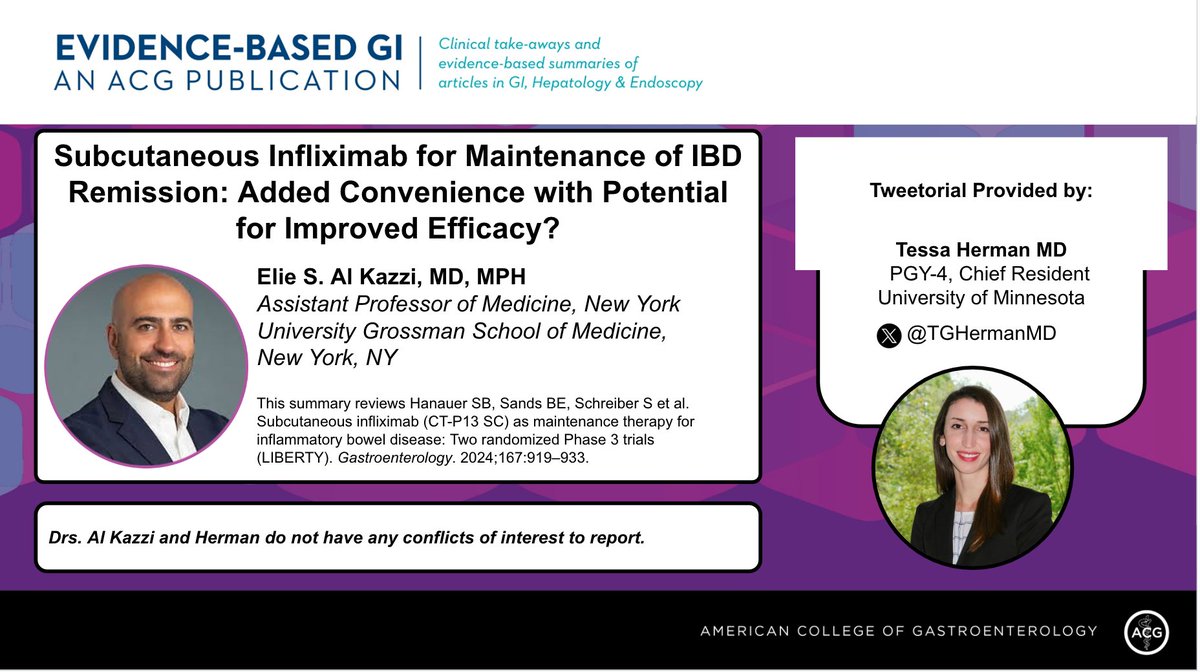 Evidence-Based GI: An ACG Publication (EBGI) (@acg_ebgi) on Twitter photo 1/ ⏰ for #EBGI Tweetorial🧵w/ <a href="/TGHermanMD/">Tessa Herman</a>!
“Subcutaneous Infliximab for Maintenance of IBD Remission: Added Convenience with Potential for Improved Efficacy?”
📜 Summary: tinyurl.com/586y7nxm
🎧 tinyurl.com/4d7rdztb
📰 tinyurl.com/pb39nx8f
#GITwitter 1/ ⏰ for #EBGI Tweetorial🧵w/ <a href="/TGHermanMD/">Tessa Herman</a>!
“Subcutaneous Infliximab for Maintenance of IBD Remission: Added Convenience with Potential for Improved Efficacy?”
📜 Summary: tinyurl.com/586y7nxm
🎧 tinyurl.com/4d7rdztb
📰 tinyurl.com/pb39nx8f
#GITwitter