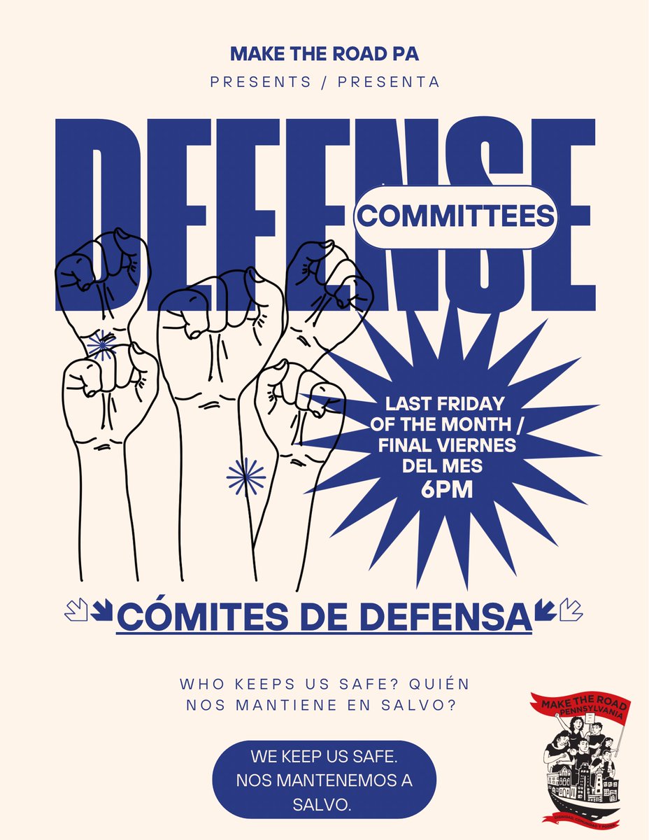MakeTheRoadPA's tweet image. Who keeps us safe? We keep us safe! Join us next Friday (2/28) for our next monthly Defense Committee. We will discuss how to be prepared and protect yourself and your community.