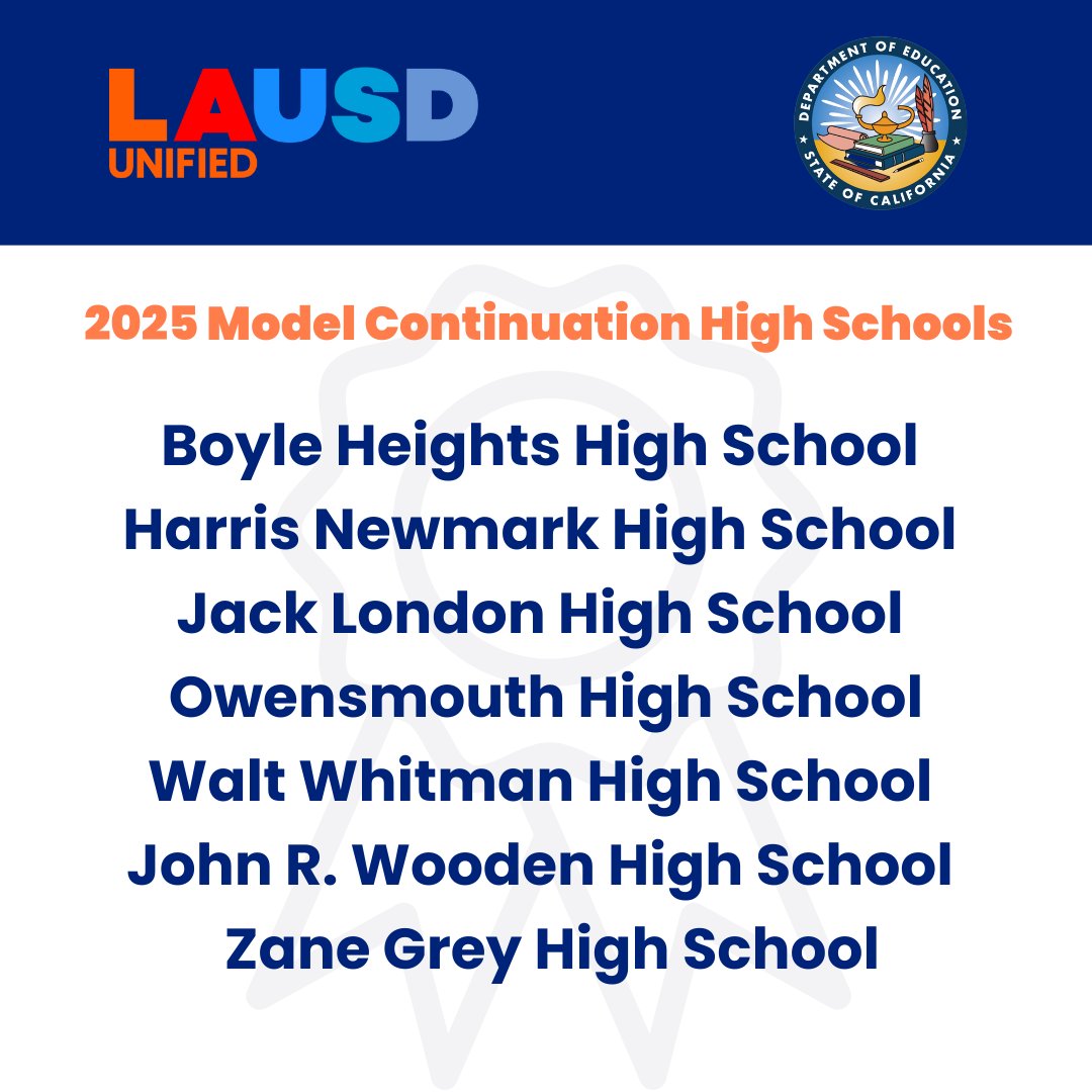 Los Angeles Unified (@laschools) on Twitter photo Los Angeles Unified is proud of the seven schools recognized by the state as Model Continuation High Schools for 2025. Our campuses create opportunities for students to thrive academically and socially, paving the way for bright futures. Congratulations! Los Angeles Unified is proud of the seven schools recognized by the state as Model Continuation High Schools for 2025. Our campuses create opportunities for students to thrive academically and socially, paving the way for bright futures. Congratulations!