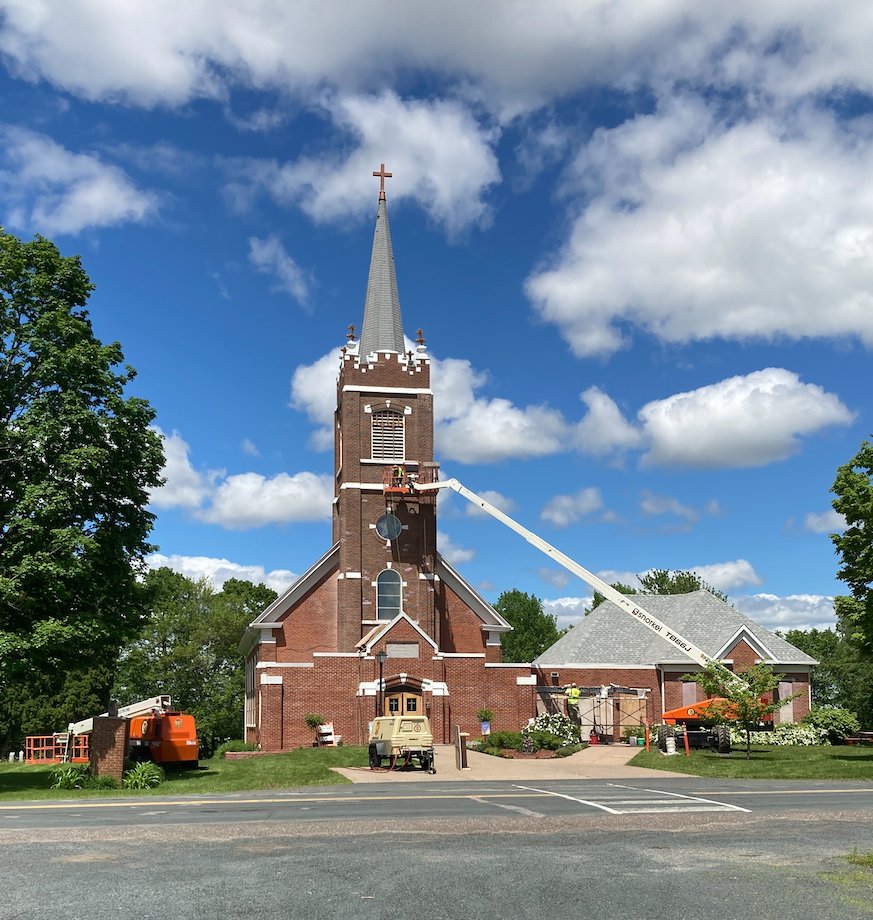 brcusa's tweet photo. Bethesda Lutheran Church in Dresser, WI, newly restored steeple blends expert craftsmanship with historic preservation. Our team ensured it complements the church architecture while enhancing lasting beauty. A great collaboration between our BRC masonry and metal shop teams. https://t.co/A1mSDpdOaL