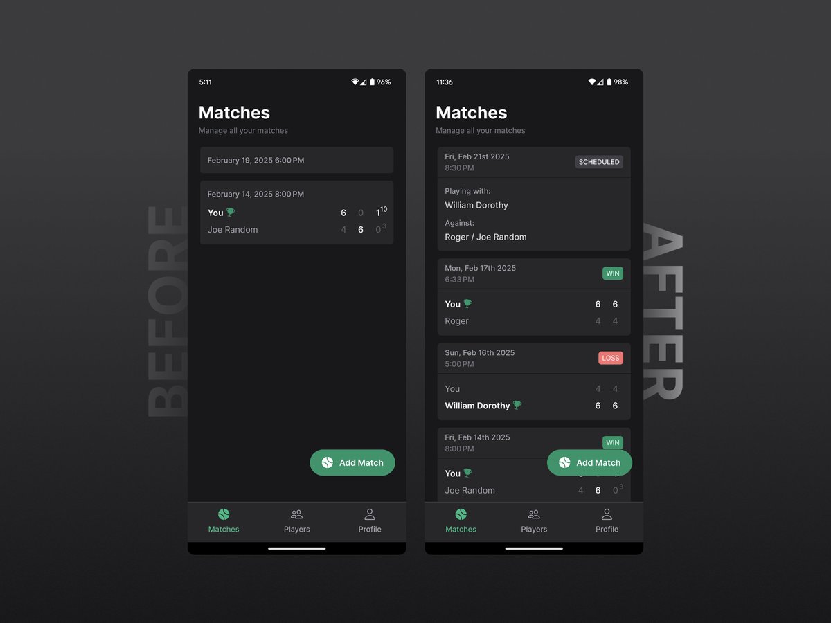 CodeWithRomaen's tweet image. What matches screen looks like for previous and scheduled matches #tennis #buildinpublic #reactnative #expo