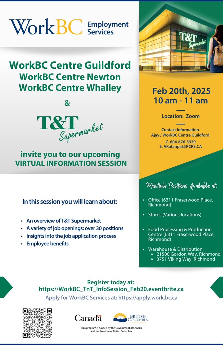 WorkBCSurreyN's tweet image. Tomorrow! Meet T&amp;amp;T Supermarket, who offers multiple career opportunities.
Learn more about them:
-A variety of job openings: over 30 positions available
-Insights into the job application process &amp;amp; employee benefits Register NOW: …C_TnT_InfoSession_Feb20.eventbrite.ca
#VirtualEvent @WorkBC
