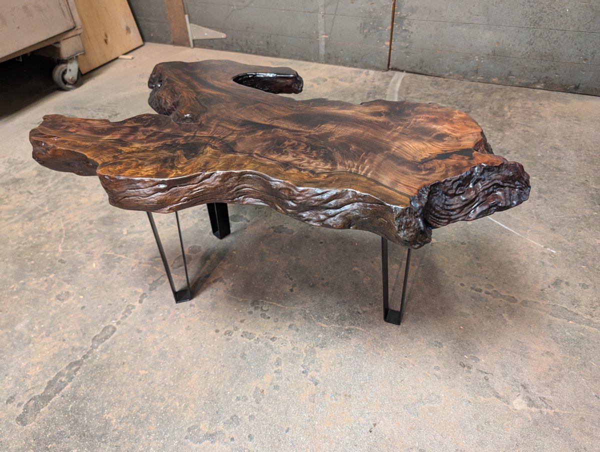 Here is a great before &amp; after pics of a Redwood Coffee Table w/Metal Legs we recently created for a Customer.  Please be sure to shop our site to find a slab for your next table. Check us out online at the link below, or give us a call at 707-826-9663 today!
