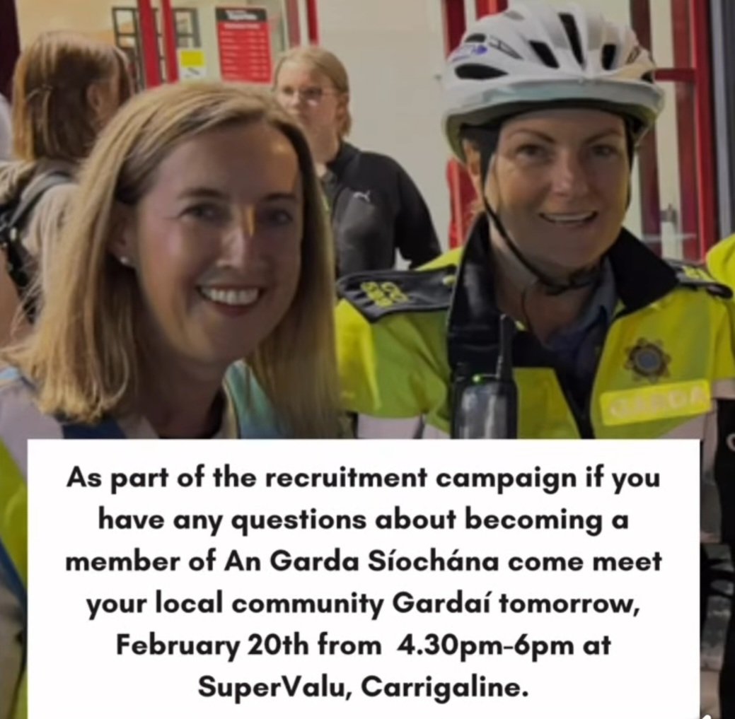 Considering a Career in An Garda Síochána? As part of the recruitment campaign, if you have any questions about becoming a member of An Garda Síochana, come and meet your local community Garda tomorrow, Feb 20th, 4.30-6pm at SuperValu Carrigaline