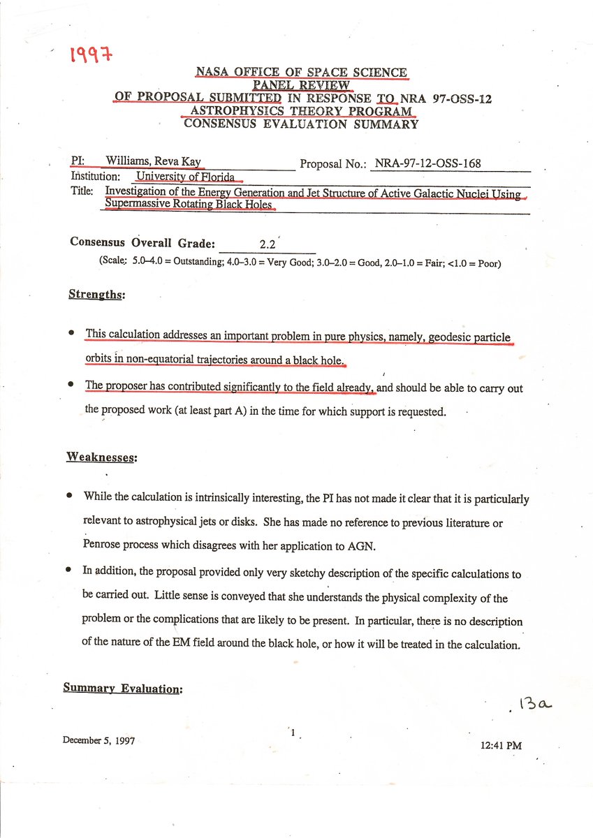 RevaKayAstro's tweet photo. (Part 2/4) (21,735 characters = 6 pages):

This 1998 article (https://t.co/kkECUIxFZd) is a glimpse of where my life and career were going before January 1999: when a specific group of white male scientists conspired to steal my general relativistic astrophysics research work on Kerr (rotating) black hole (KBH) physics and energy extraction using the Penrose (1969) mechanism after I submitted a research grant proposal to the National Science Foundation (NSF; see  Twitter Thread of April 2022 https://t.co/n7QsVlWeE4 for details).

As you can see from this 1998 article, I had a promising career. I was following all the rules to take part in the American Dream. But this dream was cut short or stifled by racism, bigotry, greed, and a false sense of entitlement of this group. I am making this known to the world so that it will not ever happen to another Black person who has made a groundbreaking or breakthrough contribution to the field of science. Thou shall not steal. It is a sin. After all that Black Americans have gone through in our fight for civil rights and equal protection under the law, in this day and age, this group of white scientists (see April 2022 Twitter Thread referenced above for specific names) should be held accountable and shamed for their evil deeds. They need to pay me for their prosperous careers off my work after the January 1999 infamous NSF peer review panel meeting of my submitted proposal in which a group of them on the anonymous panel conspired to steal my research. (They know who they are, evidence points to who they are, and now the world knows who they are; they left an excellent literal paper trail that led right to them.) This thievery happened after I had begun to gain international recognition for successfully extracting energy(-momentum) from a rotating black hole [see embedded images of peer review reports from NASA ATP (1997) and the NSF (1999) validating the significance of my work].

But I was robbed, when all they had to do was cite or reference my 1995 PRD pioneering paper. Then, we all could have prospered. Yet, instead, they prospered at the expense of destroying my academic career. It would not have been so bad if they had not cited my paper(s) and left me alone so that I could prosper from my own work despite their thievery. Instead, this group used the peer review process of government-funded agencies to hold me back by continuing to steal my research ideas from my many submitted and rejected papers, and many submitted and denied research grant proposals over two decades, destroying my academic career. However, they were at the same time spreading my researched work around as projects for their white graduate students/postdocs, providing them with prosperous academic careers while attempting to make my hard work be in vain as they silently walked away with the fruit of my labor.

But God said, not so! Hallelujah! I thank God for the Internet and social media, which have allowed me to expose them for who they are and what they are. I am sure 25 years ago, they did not expect such technological advancements, which would reveal what they had tried to conceal: The theft of my groundbreaking KBH research of extracting energy-momentum and the breakthrough advancements it has led us to in General Relativity (GR).

The importance of my research is that it taught the astrophysics community how to apply the Kerr metric (derived from Einstein’s Theory of General Relativity) to astrophysical phenomena in 3D and 4D. Such phenomena are (1) the successful extraction of energy from a black hole using the Penrose mechanism, which is consistent with observations of quasars and other active galactic nuclei; (2) the creation of realistic accretion disk models [general relativistic magnetohydrodynamic (GRMHD) models] by Gammie and Krolik et al.; (3) the in-spiraling of black holes and neutron stars that give off gravitational waves, observed by LIGO of Kip Thorne. Yes, as I mentioned in my letter paper of 2004 [(“A Word from a Black Female Relativistic Astrophysicist: Setting the Record Straight on Black Holes” (https://t.co/bCEOT88wYY )], I stood on the “shoulders” of giants, using their prior contributions, however, giving them appropriate citations. But I researched and put it all together, adding my contributions, which worked it all out, and I should be awarded for that and not have my academic career destroyed because a Black female scientist did it first. The biggest lie that they told, which is still hurting me today as I salvage my career, is that in 1999, when they started stealing my research, they falsely claimed that it was the Blandford-Znajek (BZ; 1977) model (of white male scientists) that had worked out the so-called MHD Penrose mechanism and attributed my successful results to those of the BZ model. This was the origin of the BZ mechanism's renewed popularity after it had laid dormant for many years because of a lack of available evidence to prove the model’s claims.

Now, years later, after they (Gammie and Krolik et al. of GRMHD models) have duplicated my successful 4D analytical and Monte Carlo numerical model calculation and generated the jets by the Penrose-Williams (PW) mechanism, which is consistent with the Event Horizon Telescope (EHT) observations, they are falsely claiming that it is the BZ model generating the jets, thus, continuing to take credit for my work. Instead of telling the truth that it is the Penrose mechanism creating the particle jets, which can be acted upon by a BZ-type Poynting flux, they say they do not know the details of how the jets are launched. But strangely, they claim that the magnetic field of the accretion disk and the BZ model is at work, and no other, to the point of propaganda. Well, I must add that the PW mechanism presented in my papers shows the details of how the jets are launched, and the EHT polarization measurements of the B-field strength confirm that the details are not those of the BZ model. Gammie and Krolik et al. are trying to cover up the fact that the PW model shows how the jets are being produced in detail. But these white scientists would rather keep the scientific community or public at large deceived, overall holding us back, than give credit where credit is due to a Black woman scientist so that we may move forward in truth. It has been shown by Russian scientist Komissarov (2005) that the BZ model cannot work at the event horizon, and their made-up and highly speculative “MHD Penrose process” does not operate, as I mentioned earlier.

In essence, there was a paradigm shift in the way we study astrophysical black holes with the publication of my 1995 Physical Review D (PRD) paper, entitled, “Extracting X rays, γ rays, and Relativistic e- e+ Pairs from Supermassive Kerr Black Holes Using the Penrose Mechanism” [R. K. Williams, Phys. Rev. D (PRD) 51, No. 10, 5387 (1995)] based on my 1991 dissertation. This shift of fundamental change in basic assumptions in accretion disk theory, and this GR understanding or awakening, occurred about two and a half decades ago, around the year 2000 or, to be exact, January 1999, at the infamous NSF panel review of my submitted research grant proposal. Astrophysicists today talk of this newly found 4D, GR knowledge, particularly the accretion disk theorists, whose physics, without this knowledge, was confined to the equatorial plane and at radii r > 3times the gravitational radius (grr), which is outside the ergosphere (located at r = 2 x grr), where grr= M, in gravitational units (c = G = 1). But no one says where this knowledge came from as if it just came about out of thin air. Well, I am here to tell the world where it came from: Dr. Reva Kay (Revach in Hebrew) Williams, my years of research, studying general relativistic astrophysics, hard work, and much prayer.

Moreover, because my theoretical model computer simulations use exact analytical (i.e., mathematical) equations derived in the GR spacetime of the Kerr metric, without approximations, there is little uncertainty in my calculations, only mildly of the Monte Carlo method random number sampling of the cross-section scattering angles. My analysis of the Penrose mechanism that successfully extracted energy-momentum in the form of polar jets, as shown by analytically derived expressions for the 4-momentum vectors of the escaping particles, gives resulting energy and momentum spectral distributions of the escaping relativistic electrons from the photon orbit, due to Penrose e- e+ pair production, and of the escaping X-rays and γ-rays from and within the marginally stable and marginally bound orbits, due to Penrose Compton scattering. These 4-momentum expressions were presented in my published and submitted/rejected papers, PRD 1995 and PRD 1999, respectively. So, Gammie, Krolik, et al. had access to these energy-momentum 4-vectors, which were no small task in 4D relativistic spacetime for me to derive for the PW particles escaping in the form of relativistic bipolar jets as observed in quasars and other active galactic nuclei (AGNs). This task involved learning and teaching myself the Special and General Relativity to a high level to perform such a task. Importantly, I needed to research and learn what needed to be done and what was already known in the field. So, in grad school, over the years, I taught myself from books such as Steven Weinberg’s “Gravitation and Cosmology: Principles and Application of the GR Theory of Relativity,” Chandrasekhar’s “The Mathematical Theory of Black Holes,” and many others. I studied countless research journal papers on accretion disk theory, magnetic fields in astrophysical objects, astrophysical black holes, proposed models to extract energy, etc. It took many years of research and hard work to complete the task of not only successfully working out the Penrose mechanism to extract the energy-momentum 4-vector of escaping particles but also deriving GR analytical expressions to be used by accretion disk theorists to significantly further their understanding of matter being accreted onto a rotating black hole, as discussed below.

As mentioned earlier, accretion disk theorists Gammie and Krolik et al. plagiarized the expressions for my derived GR conserved energy E and azimuthal angular momentum L of nonequatorially confined particle orbits (or geodesics) about a KBH, presented in Appendix A of my 1995 PRD paper. However, despite not citing my paper, importantly, they used E and L to evolve a magnetized inflow of particles, treated as fluid elements, in 4D, with no radiative transfer (i.e., Penrose processes), inward to the event horizon and did not find the existence of astrophysical polar jets, even though a B-field, assuming to be that of the accretion disk, existed in the polar region of their GRMHD models. This implies that no BZ mechanism is operating, and the reason is that no particles exist in the vacuum region at the event horizon inside the funnel region. So even if, say, a Poynting flux of electromagnetic energy (not radiation) was present, there would be no particles available for the induced electric field to accelerate into polar jets. That is because, as described above, the B-field strength must be at least > 10,000 gauss to create particle energy in this region for the BZ model to operate. The B-field strength needed is greater than that allowed by accretion disk theory and also much greater than the strength measured by the EHT (1-30 gauss). This lack of particle creation was the same problem I ran into in grad school when I tried to get the BZ model to work analytically. That was my reason for deciding to work on the Penrose mechanism as a possible way to extract particle energy (i.e., particles).

[My original plan was to get the particle energy from the Penrose mechanism. Then, I would return to the BZ model to generate the jets. But after studying closely my resulting 4-momenta of the Penrose escaping relativistic particles and my discussions with Relativist Fernando de Felice (1997) of the vortical jets of escaping geodesics produced by the geometry of the Kerr metric, I realized that my particles were escaping along these vortical (spiraling/swirling) orbits, concentric the polar axis, in the form of bipolar jets, accelerated by the inertial frame dragging and its accompanying “gravitomagnetic” (GM) force field: the GR Coriolis-like force associated with rotating mass, which acts on the momentum of the Penrose scattered particles. The GM force is the gravitational analog of a magnetic field. Unlike the electromagnetic B-field, the GM field acts on both massless and material particles irrespective of their electrical charge, and it accelerates the particles naturally into vortical bipolar jets. Note that the longtime prediction of the existence of the vortical escaping orbits by de Felice et al. (2000, 1997, 1992, 1972) was confirmed by the PW mechanism. So, what this meant is that I did not have to use the BZ model to launch the jets because the KBH itself and the Penrose mechanism were launching bipolar jets as energy-momentum was being extracted, independent of the BZ model as well as the B-field of the accretion disk.]

So, as mentioned earlier, when Gammie, Krolik, et al. decided to include radiative transfer inside the ergosphere of their GRMHD models, this required the application of the Penrose process. Now, since I had already successfully worked out the Penrose process and derived steady-state analytic expressions for the 4-momenta of the escaping relativistic particles in 4D, and because they were already stealing my research and knew that my computer simulations produced polar jets, no doubt, they eventually incorporated my analytical escaping relativistic e- e+ particle 4-momenta into their GRMHD numerical simulations and, of course, produced the relativistic steady-state particle jets from the PW mechanism via spacetime frame dragging, independent of the accretion disk B-field. But they are falsely claiming that it is the BZ model “Poynting dominated” jets escaping from the photon orbit instead of telling the truth: It is the PW mechanism operating. The questions that they cannot answer without revealing the truth are, “How are Poynting-dominated particle jets formed by the BZ mechanism at the photon orbit?” and “What is the local frame physics of GRMHD radiative transport or transfer theoretical model at the photon orbit to create escaping relativistic e- e+ pairs in 3D?” So, Gammie and Krolik et al. say that they do not understand the details except that it is B-fields and the BZ mechanism, as if no one would notice the deception. Of course, I would notice they are plagiarizing the PW theoretical model calculation of Compton scattering, and e- e+ pair production at the photon orbit, to generate particle polar jets. Yet, the PW mechanism is fraudulently called by other names to take credit for my work and to cover up their thievery.

Added for completion, in the PW mechanism, the escaping particle plasma, in the form of polar jets, is expected to have local magnetic fields, generating synchrotron radiation, that follows the vortical coil-like escaping  e- e+ pair plasma, collimated and spiraling along the polar axis; and the global structure of the intrinsic B-field, as the plasma orbits concentric the polar axis, will be a generated solenoid-like B-field directed along the polar axis (Williams 2004, ApJ). The above scenario of the Penrose process escaping particle jets is consistent with the EHT observations and Faraday rotation polarization measurements of M 87 and Sag A*. Moreover, this global intrinsic solenoid-like B-field could plausibly anchor to the KBH event horizon near the polar region, inducing an electric field, and, thus, a Poynting flux of electromagnetic energy like the BZ-type model to possibly further accelerate and collimate the escaping PW particle plasma polar jets. The Penrose process would then be the primary energy-momentum particle extraction mechanism, and, subsequently, the global intrinsic induced polar B-field of the escaping vortical orbiting relativistic particle plasma could initiate a secondary process like the BZ-type mechanism that extracts electromagnetic energy. In this plausible scenario, the GRMHD numerical simulations must be investigated openly using the PW model analytical 4-momenta of the escaping particles to fill in the uncertainties that cannot be determined by the GRMHD models, such as the highly uncertain distribution function of relativistic electrons.

Gammie claims, without proof, the electrons are heated by the Poynting flux to produce thermal or non-thermal electrons; this is just “hand waving” to account for the polar jets truly created by the PW relativistic non-thermal e- e+ pair distributions, escaping from the photon orbit in 4D, described by the analytical 4-momentum vectors, I derived (1991, 1995 PRD) and, subsequently, calculated the high energy spectra for quasars 3C 279 and 3C 273 [Williams 1999, submitted to ApJ  (https://t.co/M4ARLCd8sx)]. Gammie secretly uses my derived energy-momentum 4-vectors to compare with EHT observations, including the 3-space momentum components of spiraling geodesics of escaping PW-produced electrons (e- e+) from the photon orbit. Gammie et al. continue to follow the blueprint of the PW mechanism while falsely claiming that it is the BZ mechanism being observed by the EHT. More recently, even though the small strength B-field (1 to 30 gauss) measured by the EHT rules out the BZ-type models such as the MAD, which requires a much larger B-field strength [as described above in part (1/4) of this Thread], Gammie et al. in a GRMHD/general relativistic radiative transfer (GRRT) paper [“κmony: a Monte Carlo Compton Scattering Code Including Nonthermal Electrons,” Davelaar, J. et al., MNRAS 526, 5326 (2023)] are now using relativistic electron distribution functions to statistically represent electrons accelerated in a B-field. Since it is not known, because of complexity, how much acceleration is given to the electrons, say, due to synchrotron radiation, magnetic reconnection, MHD turbulence, Poynting flux, e- e+ pair cascades, etc., it is assumed that this acceleration depends on the strength of the B-field, ranging up to > 10 billion gauss for charge-gap cascades (like those cascades speculated to exist in the BZ model at the event horizon). This assumption is applied by varying kappa “κ” in the thermal-nonthermal relativistic electron distribution function to produce more or less relativistic electrons in their GRMHD/GRRT Monte Carlo method 2023 paper referenced above. These combined statistical distribution functions are used to imitate the relativistic electron pairs produced at the photon orbit as predicted by the PW mechanism (1991, 1995, 1999) and subsequently observed by the EHT (“First M87 Event Horizon Telescope Results. I. The Shadow of the Supermassive Black Hole,” EHT Collaboration, ApJL, 875, L1 (2019).

Gammie et al. include this κ dual thermal-nonthermal electron distribution (used for a variety of “hot” space particle plasmas) or a power-law distribution to account for the details they cannot explain when falsely claiming that the results of both the EHT observations as well as the GRMHD numerical simulations are those of the BZ mechanism. They follow the same method I described in my 1999 submitted ApJ paper: to calculate the PW model continuum spectra (luminosity vs. frequency) for the escaping relativistic e- e+ pair distributions from the photon orbit. They used inverse Compton scattering events of this κ relativistic electron distribution of particle plasma to up-scatter lower (soft) energy disk/jet photons to higher energies in the hope of duplicating the observed high-energy spectra of AGNs. [The ultimate goal of Gammie et al. was the successful duplication of my PW energy-momentum extraction model spectral distribution, and not to give me credit for doing it first and for providing GR detailed knowledge (i.e., a blueprint) to perform the duplication.] Their calculated high energy spectra are consistent statistically with observations and with the PW model calculated continuum luminosity spectra of the observed high energy regime that I calculated for quasars 3C 279 and 3C 273 as prototypes twenty-five years ago (that the thieves hid from the scientific community and the general public). My Penrose mechanism analysis provided for the first time (ever) high-energy γ-ray spectra for AGNs that had been theoretically modeled and calculated from consistent radiative scattering processes occurring inside and escaping from the ergosphere of a KBH in the form of polar jets. By consistency, I mean for particle distributions from real 4D scattering events that exchanged conserved energy-momentum in curved, inertial frame dragged Kerr metric spacetime, and not from statistical or artificially injected electron particle distribution function. I reported this important AGN luminosity spectral finding in the above 1999 submitted ApJ paper. The ApJ’s, then, Science Editor Ethan Vishniac wrongfully rejected it. At the same time, his fellow conspirators, colleague Krolik at JHU, Gammie, and the rest were allowed to publish many papers in the ApJ, plagiarizing my black hole physics research and taking credit for my work. (The result of my reporting this misconduct to a person of authority at the ApJ ended in coverups, which enabled the thieves to continue this bad behavior when this person of authority could have stopped it.)

{continue on next tweet [part (3/4)] of this Thread}