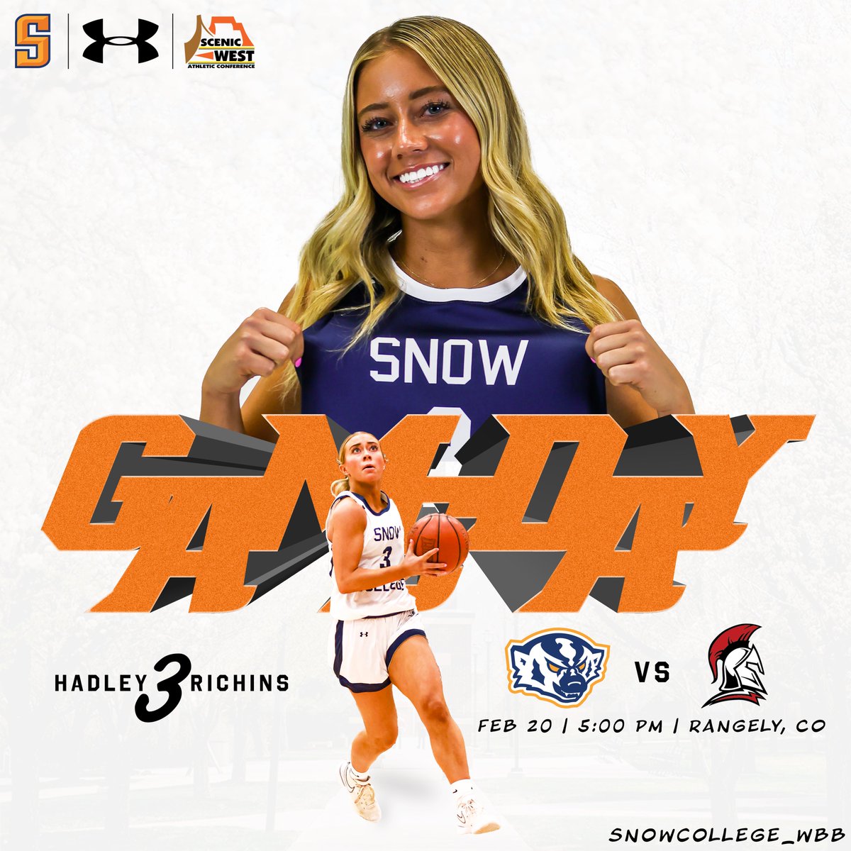 🏀GAME DAY!🏀
🆚: <a href="/CNCC_Athletics/">CNCC_Athletics</a> 
📍: Rangely, Colorado | Hefley Gymnasium
⏰: 5:00 p.m.
📺: bit.ly/SWACDigNet
📻: bit.ly/MidUtahRadio
📊: bit.ly/SnowWBBStats