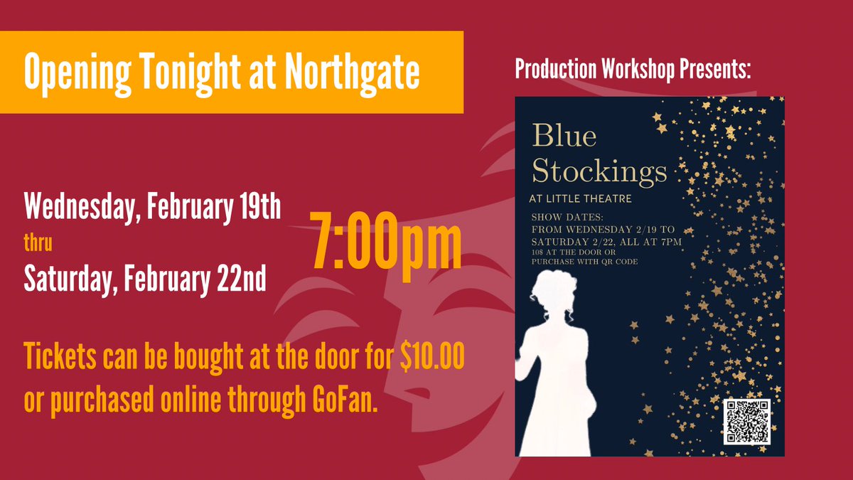 The wait is over! Blue Stockings premieres tonight at the Little Theatre, Northgate HS, courtesy of Drama's Production Workshop. Catch the show from tonight at 7:00pm until Saturday. Admission is $10, available at the door or online through GoFan. <a href="/NorthgateHS/">Northgate High</a> <a href="/MtDiabloUSD/">MDUSD</a>