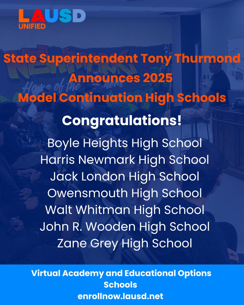 The Office of Virtual Academy and Educational Options Schools is so proud of our outstanding schools! The Model Continuation High School recognition is a testament to the exemplary programs and supportive communities that our schools provide our most at-promise youth! Congrats!
