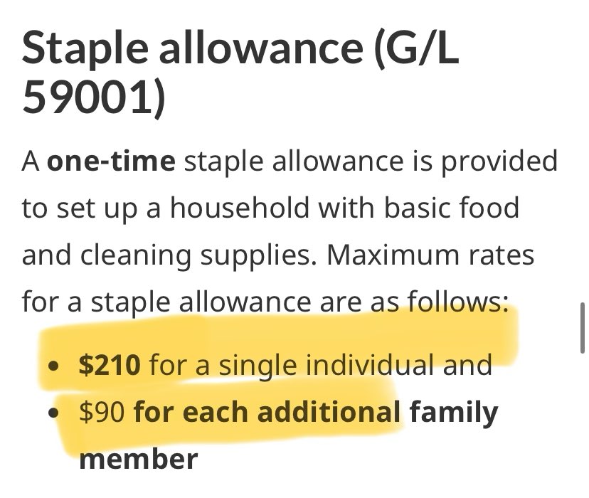 HoCStaffer's tweet image. Next up is Staple Allowance. Basic food, cleaning supplies. One-time payment of $210 for a single person &amp;amp; $90 for each additional person. 

There is no maximum number of people.
