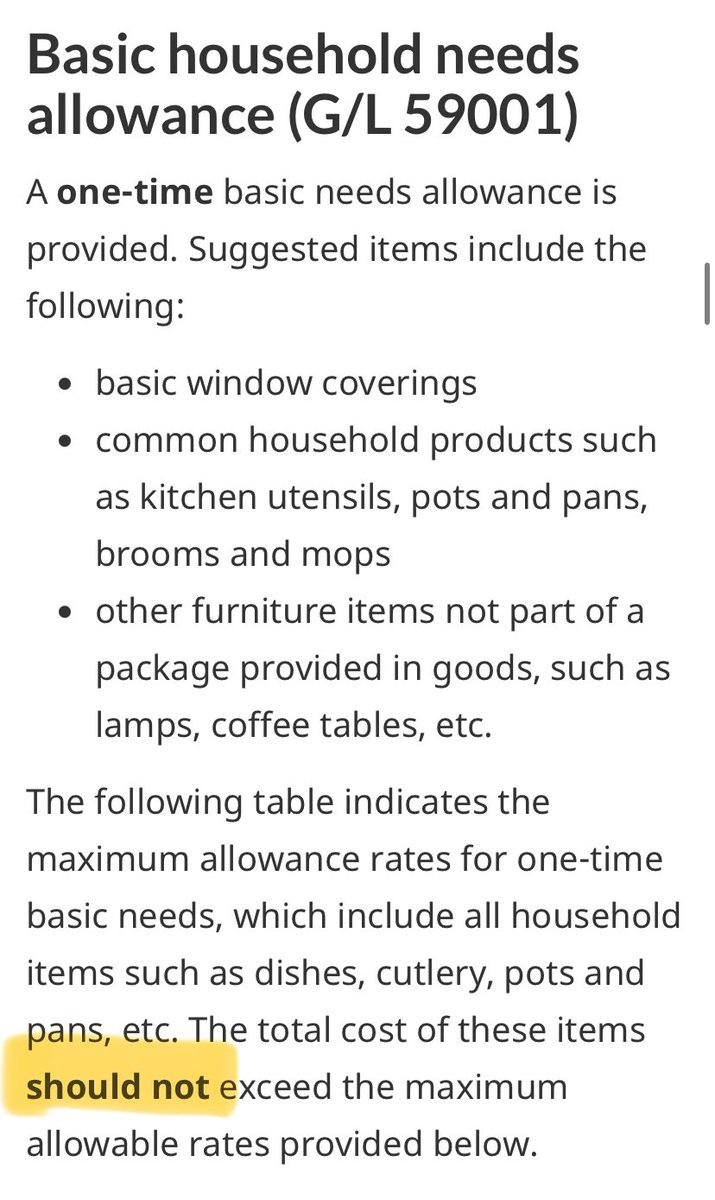 HoCStaffer's tweet image. Basic Household Needs Allowance is next. That's curtains, pots &amp;amp; pans, lamps etc. Oddly it says the cost "should not" exceed, not "cannot" exceed. Not sure if there is a penalty. 

Single person gets $600, family of six $850, each additional kid gets ya $50 more.