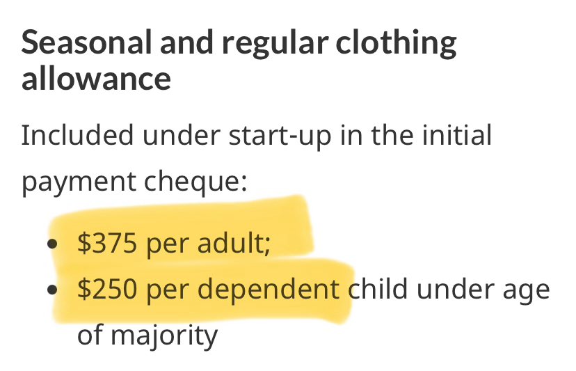 HoCStaffer's tweet image. Next is Clothing Allowance(s). This one is a bit complicated. It depends on when the migrant arrives. 

One-time payment of $375 per adult, &amp;amp; $250 per dependent under 18. 

Winter clothing allowance is $175 more per adult &amp;amp; $125 more per kid if they arrive between April 16 &amp;amp; Oct…