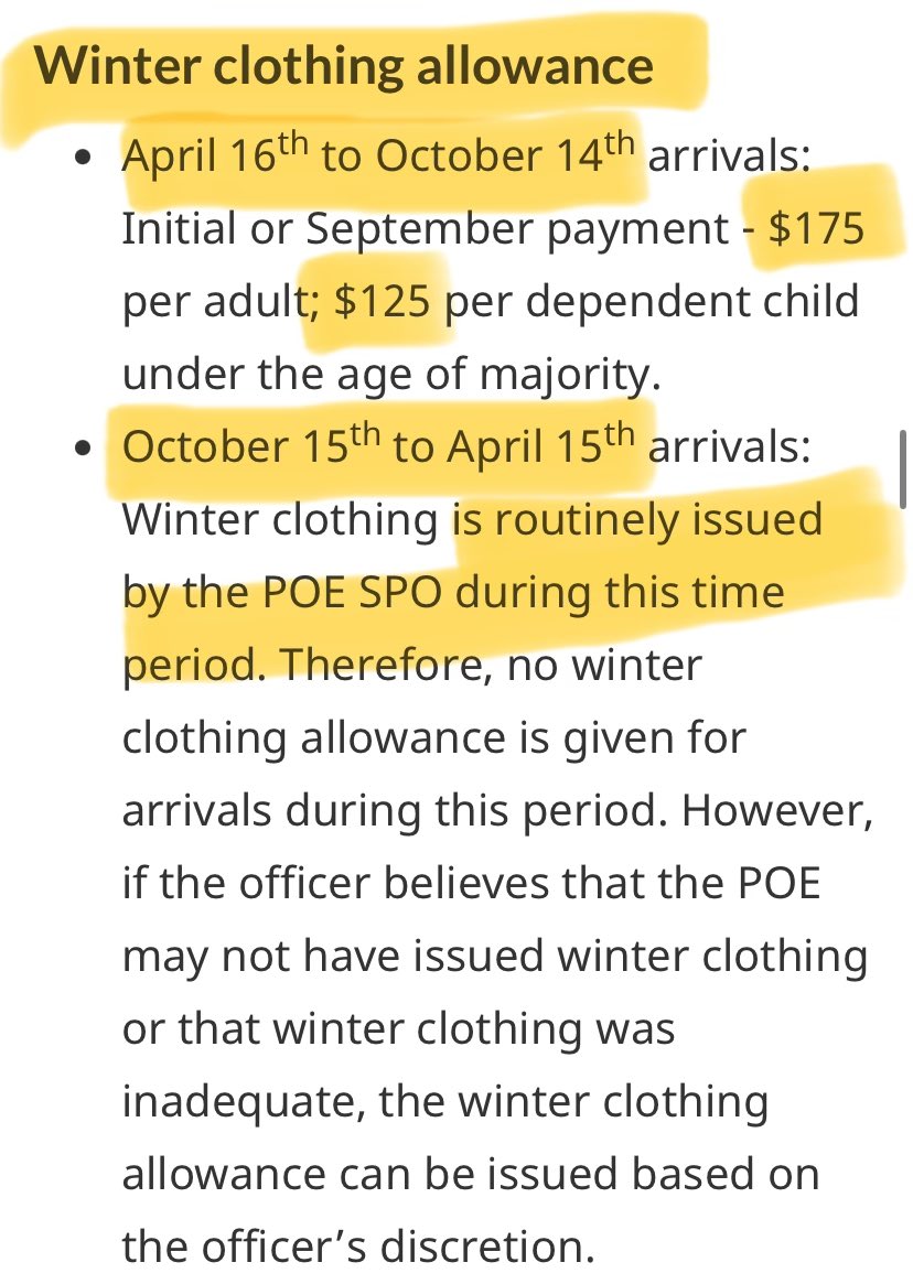 HoCStaffer's tweet image. Next is Clothing Allowance(s). This one is a bit complicated. It depends on when the migrant arrives. 

One-time payment of $375 per adult, &amp;amp; $250 per dependent under 18. 

Winter clothing allowance is $175 more per adult &amp;amp; $125 more per kid if they arrive between April 16 &amp;amp; Oct…