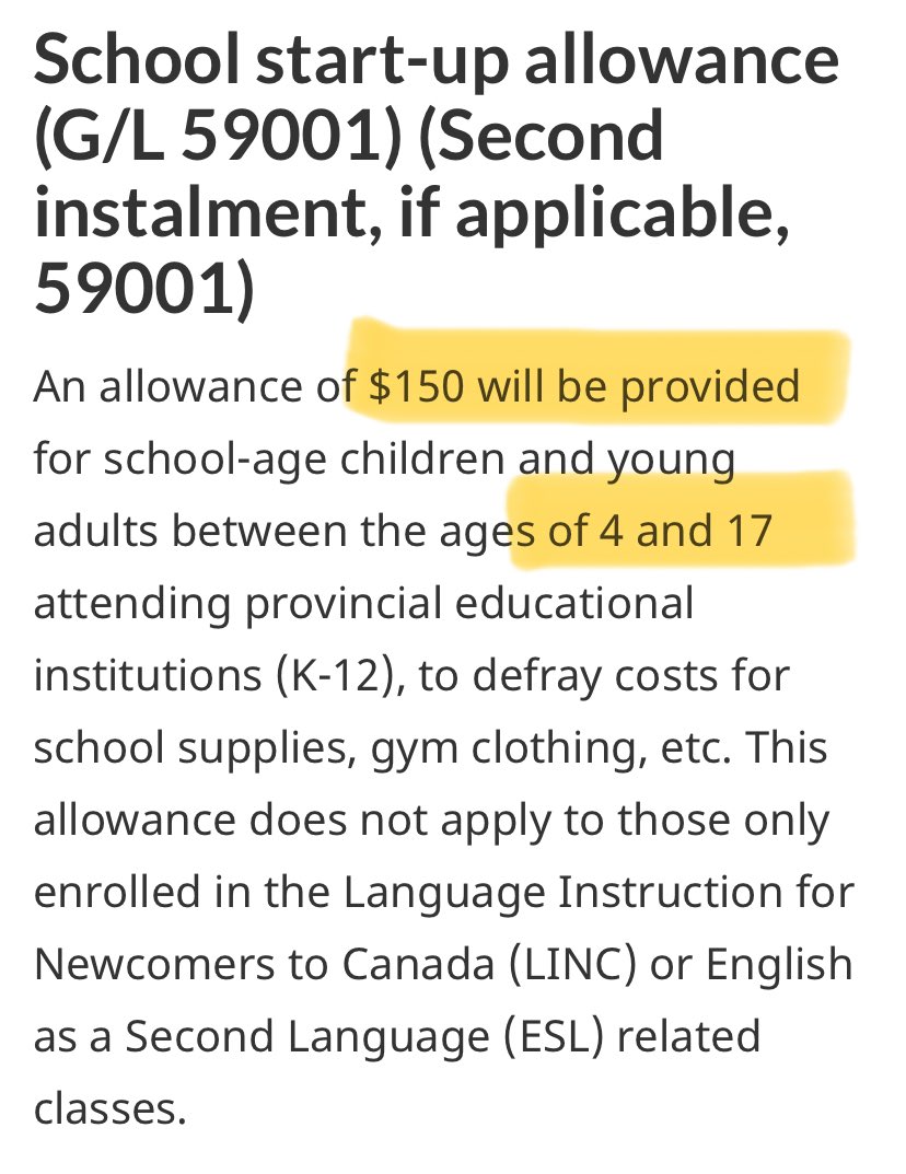 HoCStaffer's tweet image. School Start-Up Allowance! That's $150 more per kids ages 4-17. 

Those 18-21 &amp;amp; over 21(!) can even get if it is determined to be in their "interest" to be in High School(!). 

This payment is provided twice if they arrive between Sept 1 &amp;amp; May 31.