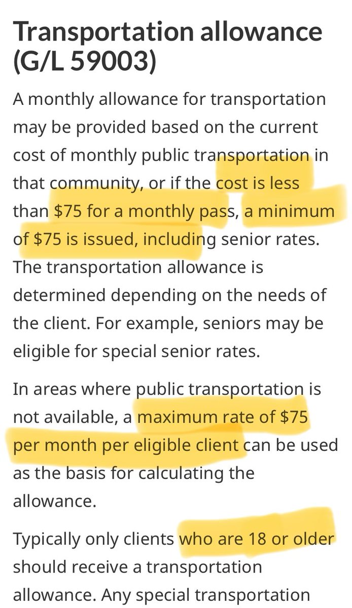 HoCStaffer's tweet image. Up next, Transportation Allowance. This one covers a monthly bus pass for anyone 18+ (with some exceptions) But if your bus pass costs less than $75 or there is no public transport, then you get $75 anyway.