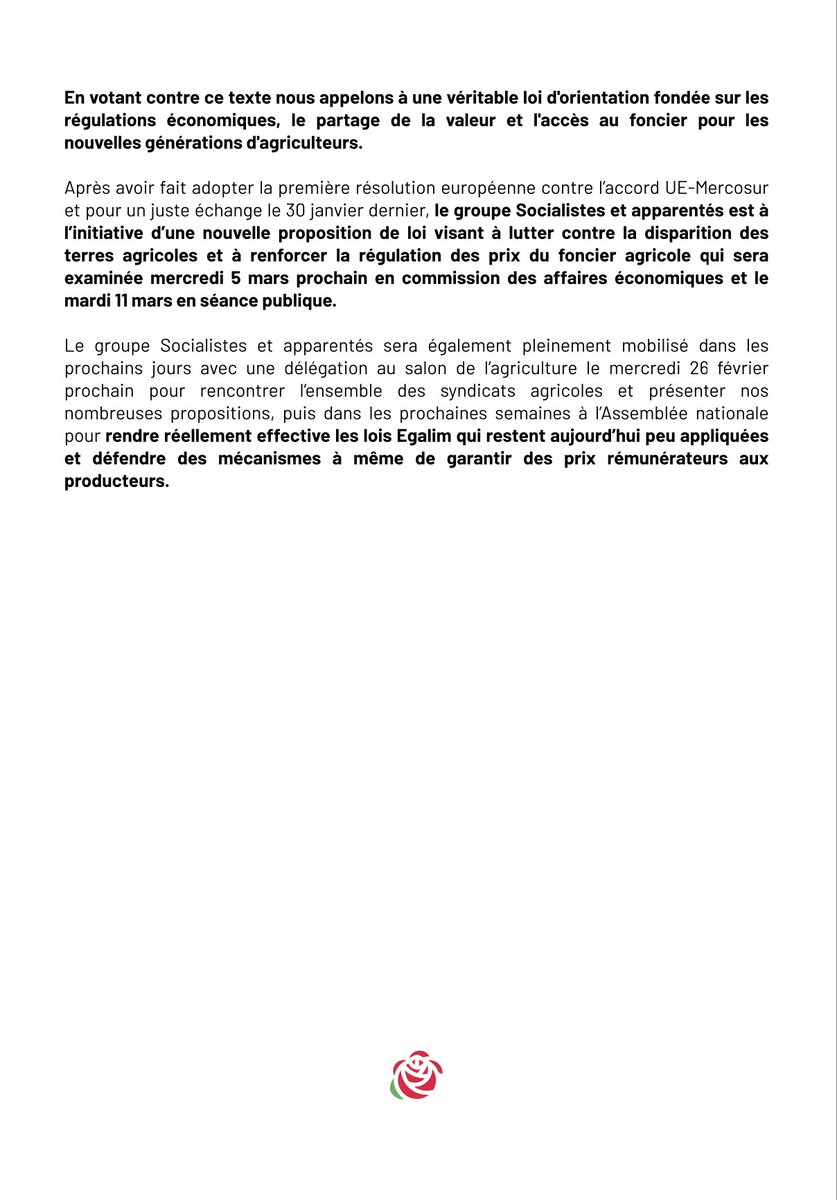 DĂ©putĂ©s Socialistes et apparentĂ©s (@socialistesan) on Twitter photo đ Les socialistes dĂ©noncent une loi d'orientation agricole dĂ©magogique qui sacrifie lâenvironnement.
La vraie urgence : réguler le partage de la valeur, soutenir les jeunes agriculteurs, préserver notre souveraineté alimentaire face aux importations.
â parti-socialiste.fr/loi_d_orientat⊠đ Les socialistes dĂ©noncent une loi d'orientation agricole dĂ©magogique qui sacrifie lâenvironnement.
La vraie urgence : réguler le partage de la valeur, soutenir les jeunes agriculteurs, préserver notre souveraineté alimentaire face aux importations.
â parti-socialiste.fr/loi_d_orientatâŠ