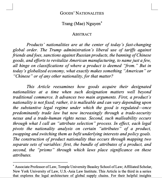 New draft finally out - hopefully not too late for this cycle! "Goods' Nationalities" reexamines how products acquire their designated nationalities, at a time when such designation matters well beyond traditional commerce. Not on SSRN yet but if interested please pm!