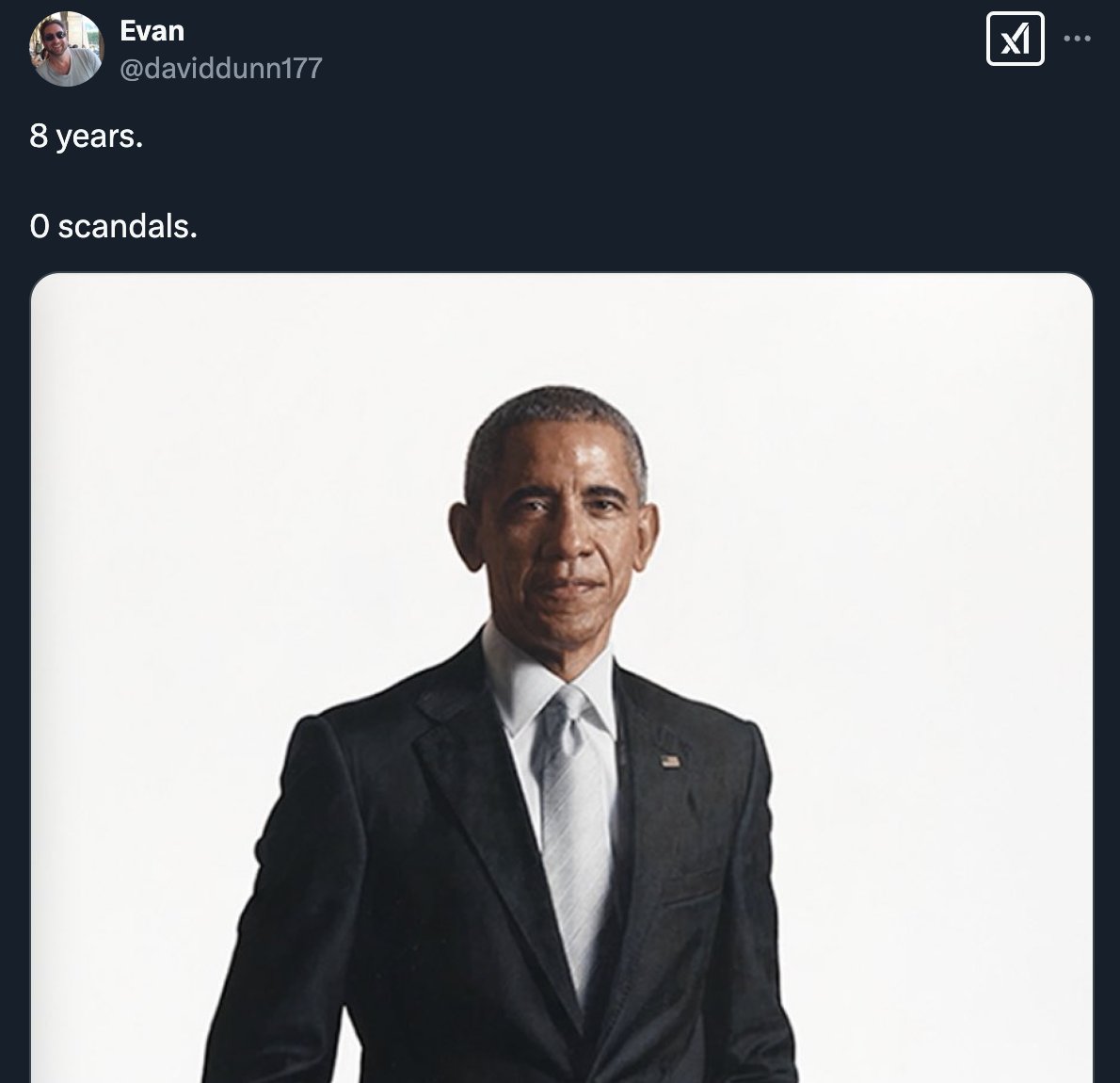The thing about this genre of tweet is that they're kind of right — Obama didn't have any "scandals" of the level we see from Trump. But the fact that the evil things Obama did weren't considered scandalous says profoundly ugly things about the kind of society we are living in.