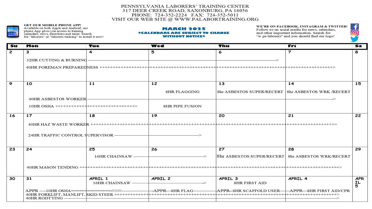 The March calendar is here. Come up and take FREE classes that can help to further your career as a Laborer! Call 724-352-2224 now to register.

palabortraining.org