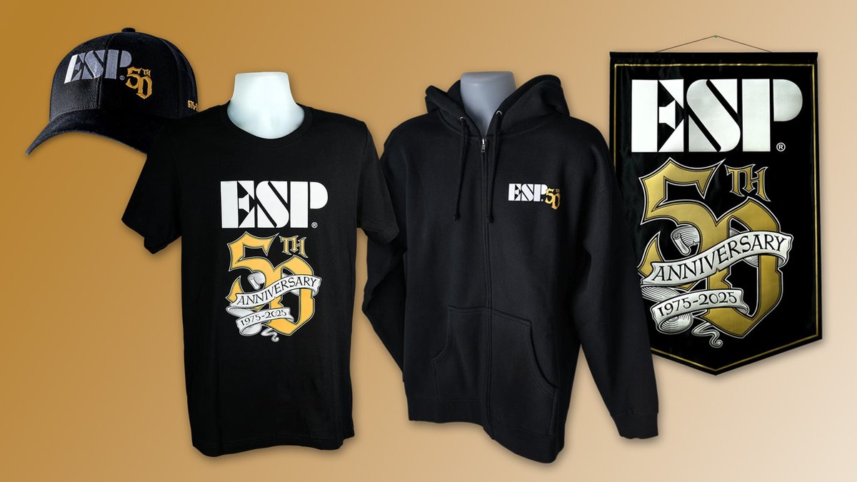 US-based ESP friends, we now have some excellent new limited-edition merchandise that helps celebrate the 50th anniversary of ESP Guitars! Check out the new t-shirt, hoodie, hat, and banner. Get them before they’re gone! espguitars.com/products?categ…
