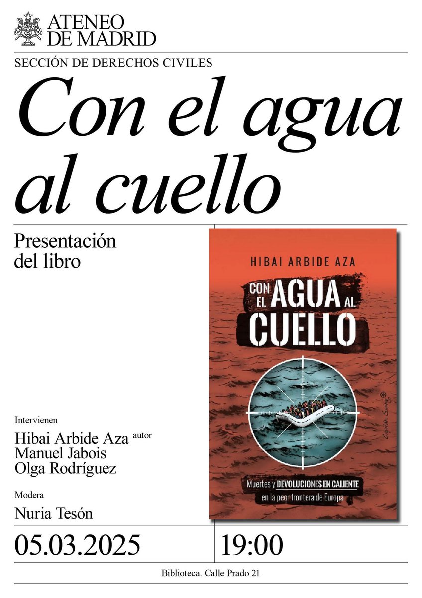 Manu Benas (@manubenas) on Twitter photo 5 de marzo a las 19h.
Presentación del libro “Con el agua al cuello” de Hibai Arbide Aza
ateneodemadrid.com/evento/present… via <a href="/ateneodemadrid/">Ateneo de Madrid</a> <a href="/Hibai_/">· Hibai Arbide Aza ·</a> <a href="/olgarodriguezfr/">Olga Rodríguez Francisco ✍️</a> <a href="/manueljabois/">Manuel Jabois</a> <a href="/masteson/">Nuria Tesón</a> 5 de marzo a las 19h.
Presentación del libro “Con el agua al cuello” de Hibai Arbide Aza
ateneodemadrid.com/evento/present… via <a href="/ateneodemadrid/">Ateneo de Madrid</a> <a href="/Hibai_/">· Hibai Arbide Aza ·</a> <a href="/olgarodriguezfr/">Olga Rodríguez Francisco ✍️</a> <a href="/manueljabois/">Manuel Jabois</a> <a href="/masteson/">Nuria Tesón</a>