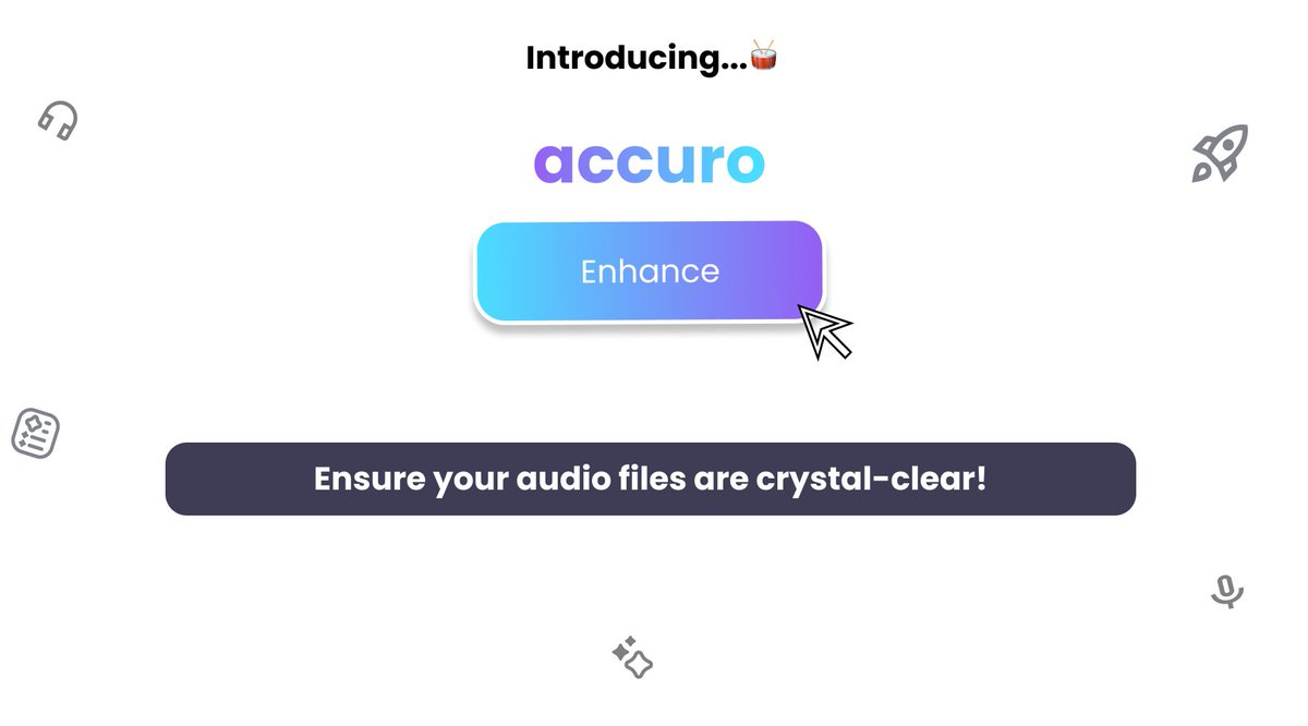 Accurotype's tweet photo. 🚨New Feature!🚨 

Our new Enhance feature ensures your audio files are crystal-clear! 

✨ Remove background noise
🔍 Eliminate filler words 
📝 Boost accuracy 

With one click, transform your audio for better clarity &amp; accuracy. Try it today!  
https://t.co/AlEJsRemYh https://t.co/hCi8fqXR3s