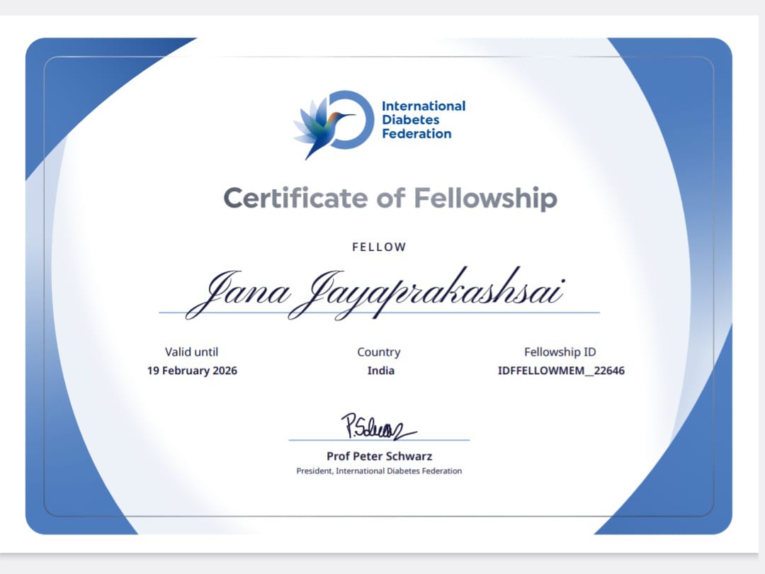 *Dr.J.Jayaprakashsai* Consultant at Apollo Sugar Hyderabad is Honored to *Receive Prestigious *IDF*(International Diabetes Federation) *Fellowship in Diabetes Care* 
All *IDF* activities are aligned with  *United Nations* Sustainable Development Goals *Good health and well-being*