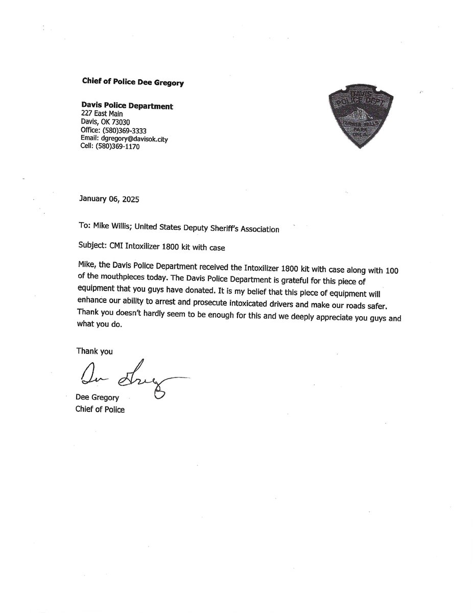 USDSA's tweet photo. The USDSA awarded the Davis Police Department in Oklahoma with a Preliminary Breath Tester for combating drunk driving and underage drinking. https://t.co/dTIDzLBz4Q