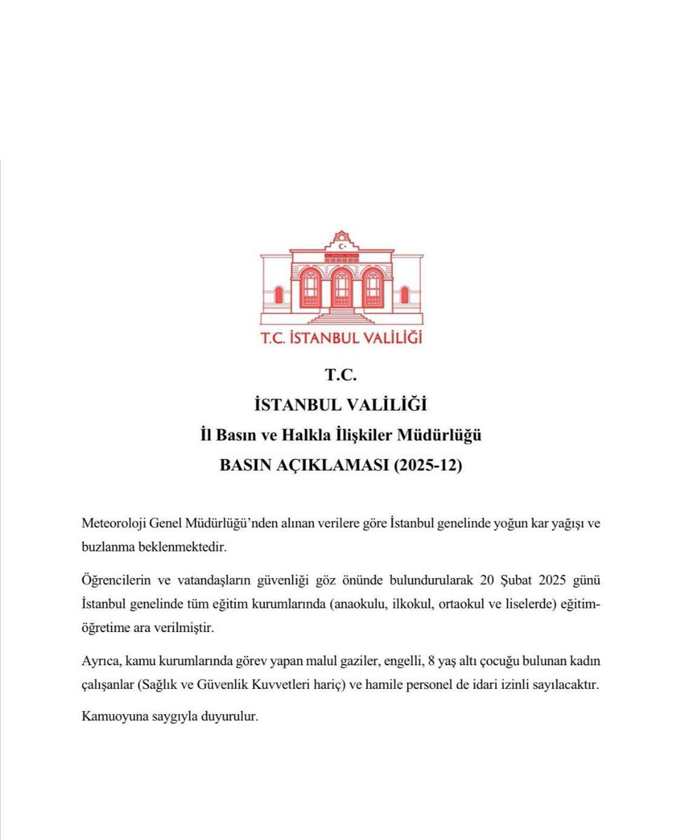 Sayın İstanbul Valimiz <a href="/gul_davut/">Davut GÜL</a> 

Yarın İstanbul’da okullar (anaokulu dahil) tatil ilan edildi.

Öğrenciler ve çocuklar  evlerinde olacak.

8 yaşının altında çocuğu bulunan kadın çalışanlarda idari izinli sayılacak. 

Fakat Sağlık ve Kolluk Kuvveti Hariç demişsiniz. 

Peki