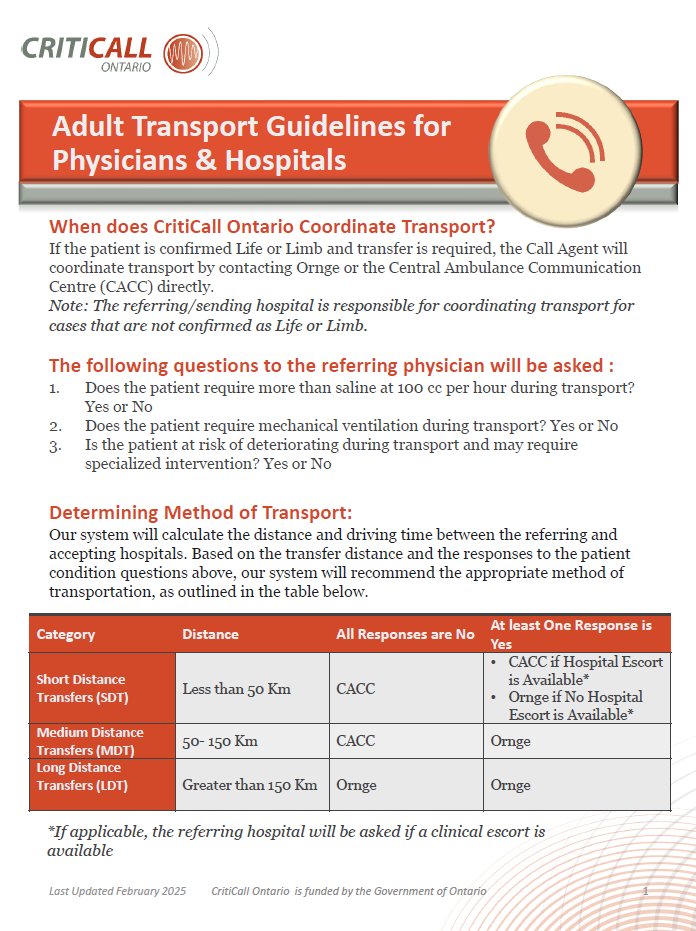 What is the role of CritiCall Ontario in transport? Read more on our guidelines for adult transport: criticall.org/wp-content/upl…