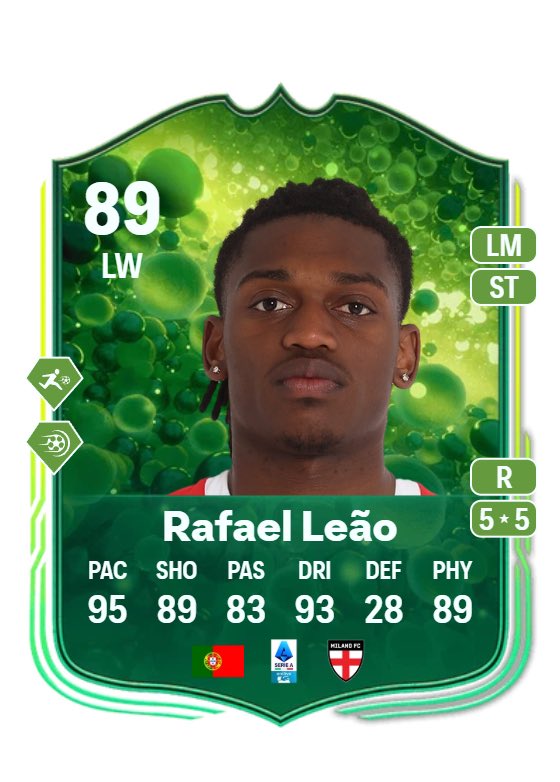 1.Put Leao in the Complete Winger , claim him at Level 2. 
87 Rated (Don’t Evo Level 3) 
2.Wait till the Complete Winger expires 
3.Put him in the Just Like Jamie Evo to have Leao 89 Rated 5 Skills 5 WF . His Final stats in the 4th pic #Leao #FC25  #Evolutions #JustLikeJamie