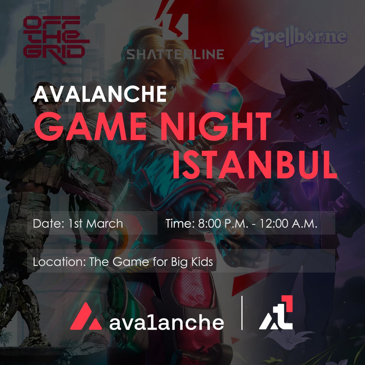 Avalanche Team1 (@avaxteam1) on Twitter photo ๐บ Avalanche Game Night - Istanbul, Turkey ๐น๐ท
Join us for our first game night in Istanbul where we explore the <a href="/GamingOnAvax/">Avalanche Gaming ๐บ</a> ecosystem including games like <a href="/playoffthegrid/">Off The Grid</a>, <a href="/ShatterlineFPS/">Shatterline FPS</a> and <a href="/spellbornegame/">Spellborne</a>
Follow <a href="/avalanche_tr/">Avalanche TR ๐บ</a> and register below ๐ ๐บ Avalanche Game Night - Istanbul, Turkey ๐น๐ท
Join us for our first game night in Istanbul where we explore the <a href="/GamingOnAvax/">Avalanche Gaming ๐บ</a> ecosystem including games like <a href="/playoffthegrid/">Off The Grid</a>, <a href="/ShatterlineFPS/">Shatterline FPS</a> and <a href="/spellbornegame/">Spellborne</a>
Follow <a href="/avalanche_tr/">Avalanche TR ๐บ</a> and register below ๐