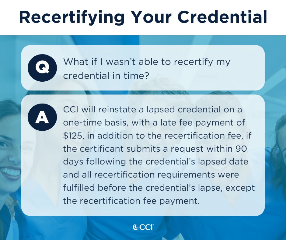 cci_nurses's tweet image. Our new recertification policy allows those unable to recertify their credential in time to pay an additional late fee to ensure their certification remains active. #recert

Review your credential handbook to learn more, accessible on our document hub: bit.ly/3CUZi3G