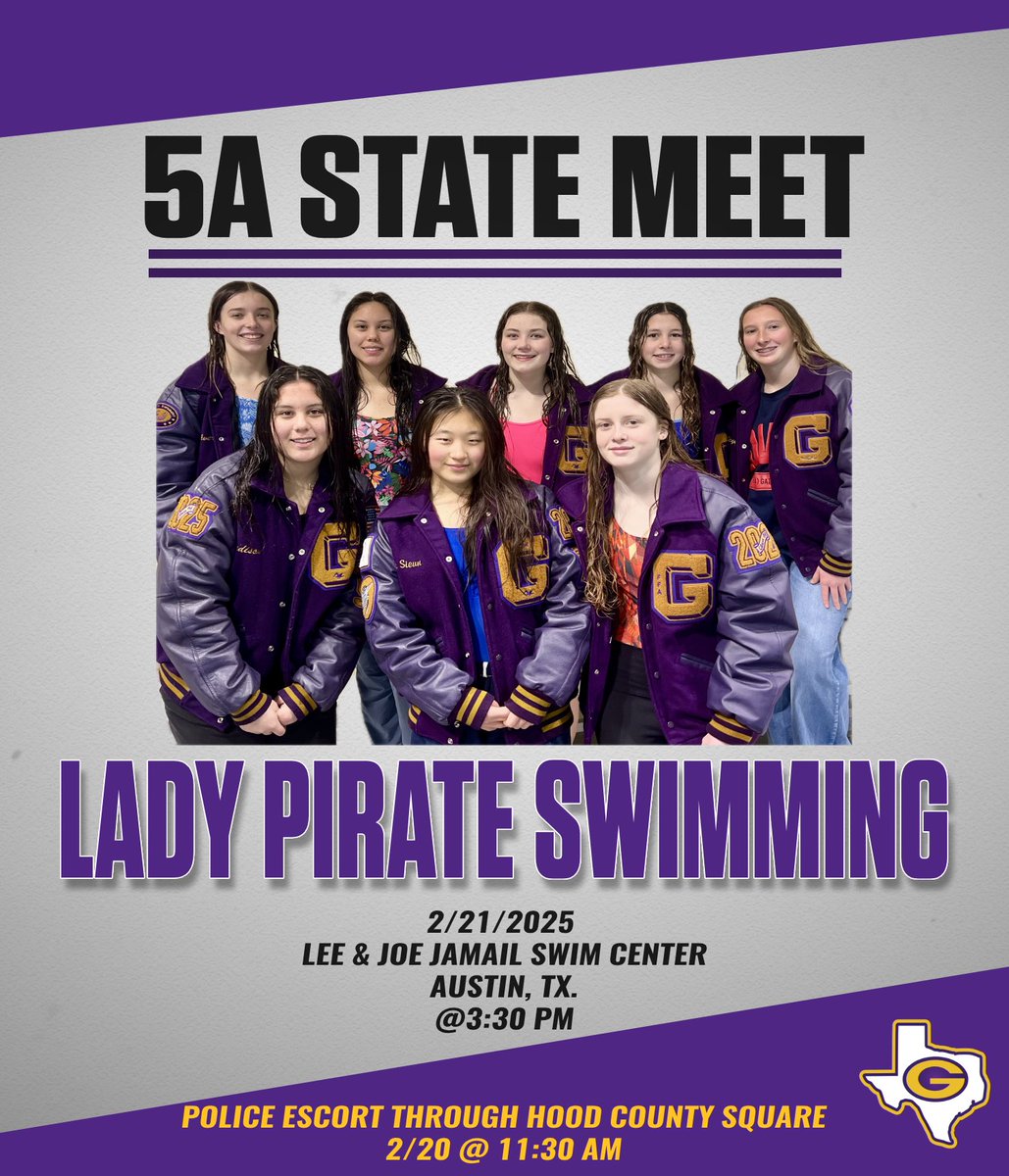 One last ride for your Lady Pirates! 

5A state meet in Austin starts Friday at 3:30 PM!

Police escort on the way out of town tomorrow, 2/20 about 11:30 AM through the Hood County square down Pearl St.

#blackflag