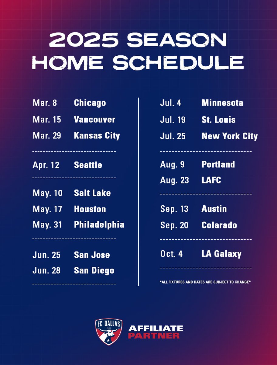 𝐇𝐨𝐦𝐞 𝐈𝐬 𝐖𝐡𝐞𝐫𝐞 𝐓𝐡𝐞 𝐇𝐞𝐚𝐫𝐭 𝐈𝐬. ❤️
Counting down the days until we're back with our fans at Toyota Stadium!

We're excited about seeing our #FCDallas Affiliate Partners' branding around the stadium during the 2025 season.

Check out the home schedule below!
#DTID