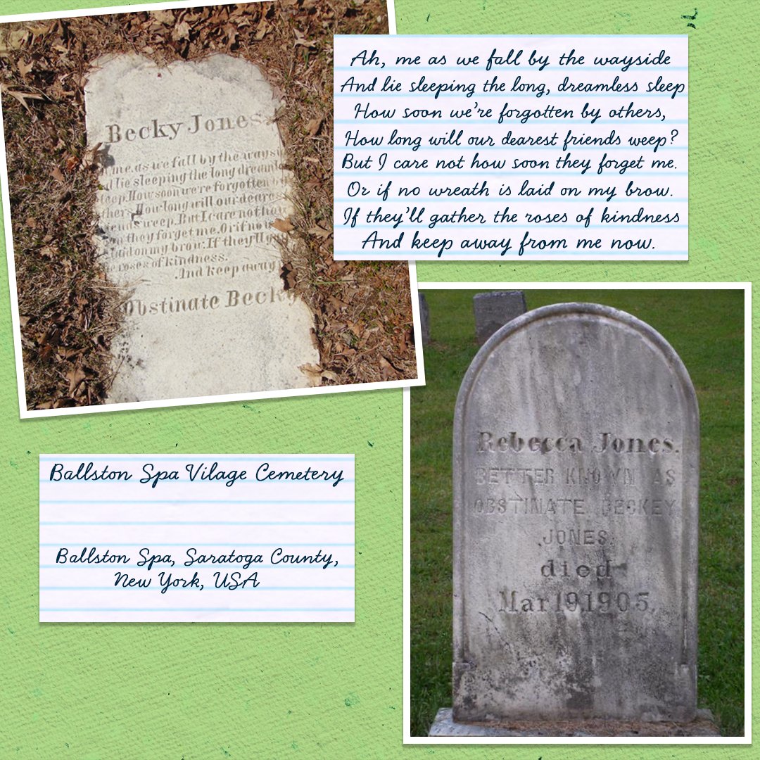 This gravestone is for Rebecca Jones with the epitaph "Better known as obstinate Beckey Jones." The epitaph on the grave was written by Jones herself. You can read about the origin of her nickname here: findagrave.com/memorial/16163…