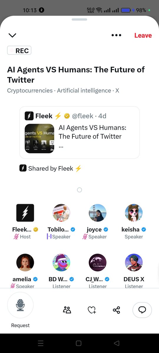 bdwhale's tweet photo. Gfleek!
Really enjoyed this space by @fleek ! The conversation about AI Agents vs humans and the future of Twitter was super interesting. Learned a lot.
Big thanks to the host and the speakers. loved the vibes.
#fleek #fleeknetwork https://t.co/nF1BYbIKly