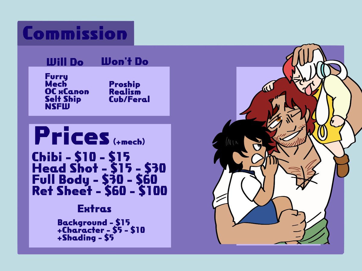 TikkiTobias's tweet image. so this is something I haven't done before, but I'm in a tough spot, so I'm opening up commissions! if you're interested or have questions, please dm me!

#commissionsopen #furry #furrycommission #ONEPIECE #selfshiptwt