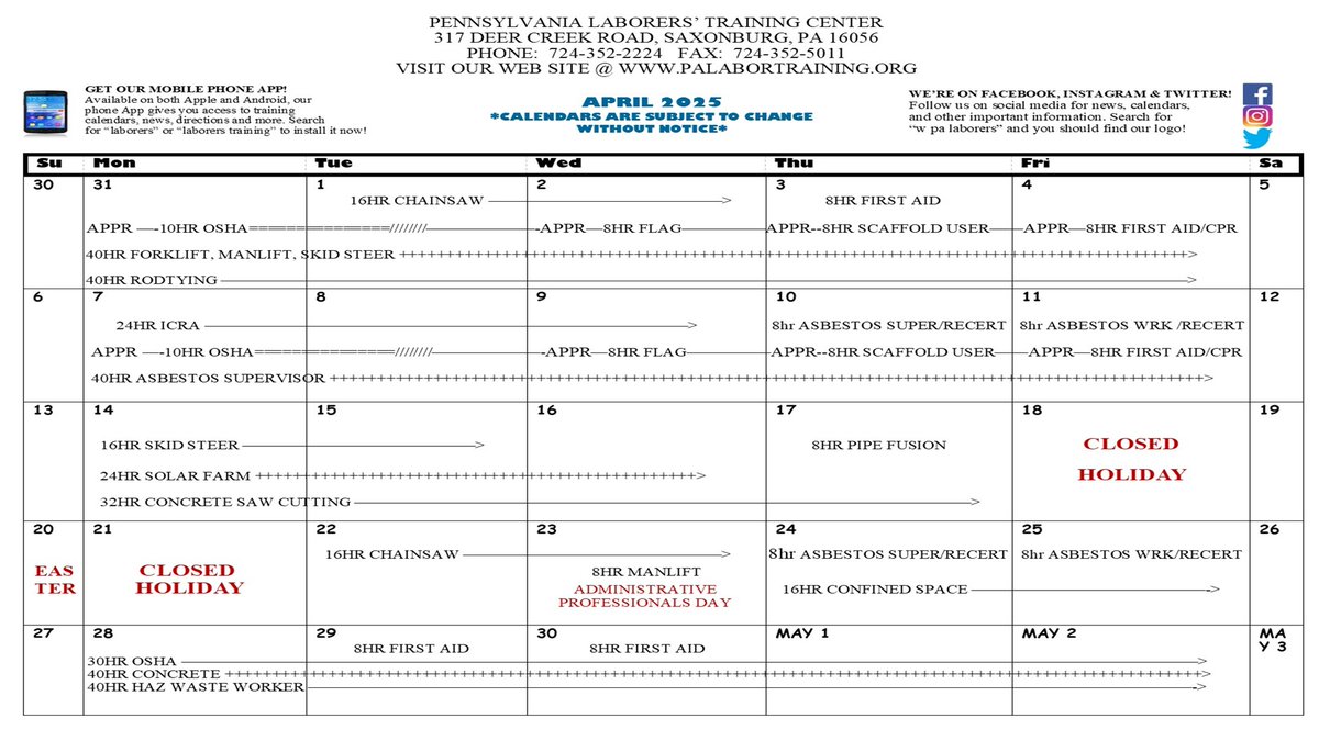 Laborers373's tweet image. The April calendar is here! Talk about classes! This is our most ambitious calendar ever! Be a part of history as we try to break our record for most members taught in a month. Kick your career in gear, train up, and be prepared for work. Schedule a class now! Call 724-352-2224.