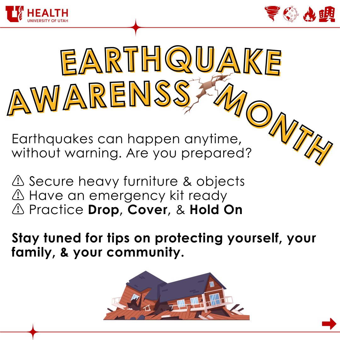 uofuceph's tweet photo. February is Earthquake Awareness Month, take steps now to protect yourself, your home, &amp; your loved ones. Because when the ground moves, preparation makes all the difference! ⚠️

#uofuceph #rmhpceph #emergencypublichealth #emergencyhealth #emergencypreparedness #earthquake https://t.co/WPTJjQ1zMT