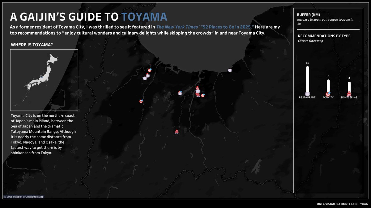 Elaine Yuan (@datadrawnyuan) on Twitter photo So proud to see #Toyama City in <a href="/nytimes/">The New York Times</a>' “52 Places to Go in 2025”!
Inspired by this and <a href="/_Chasoso/">Hideaki Yamamoto / Chasoso</a> 's Hokuriku vizzes, I created "A Gaijin’s Guide to Toyama" with my recs for food, activities, and sights:
public.tableau.com/app/profile/yu…
#Tableau #DataViz #Travel #Japan #Toyamazing So proud to see #Toyama City in <a href="/nytimes/">The New York Times</a>' “52 Places to Go in 2025”!
Inspired by this and <a href="/_Chasoso/">Hideaki Yamamoto / Chasoso</a> 's Hokuriku vizzes, I created "A Gaijin’s Guide to Toyama" with my recs for food, activities, and sights:
public.tableau.com/app/profile/yu…
#Tableau #DataViz #Travel #Japan #Toyamazing