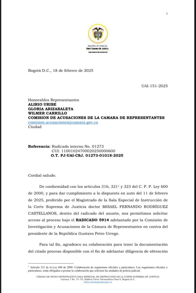 #Atención La Corte Suprema adelantará una inspección a la Comisión de Acusaciones de la Cámara de Representantes para recolectar documentación con respecto a las presuntas demoras en el avance de la investigación contra el presidente Petro. La diligencia es por una denuncia que