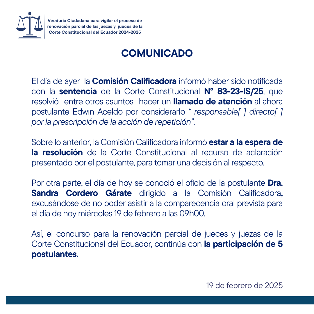 VeeduriaCorteEcu (@veeduriacorte) on Twitter photo Tras la no comparecencia de la Dra. Sandra Cordero al examen oral, el concurso para la renovación parcial de la <a href="/CorteConstEcu/">Corte Constitucional</a> continúa con 5 postulantes.
El día de hoy concluyen las comparecencias orales y posteriormente la #ComisiónCalificadora se reúne para la calificación. Tras la no comparecencia de la Dra. Sandra Cordero al examen oral, el concurso para la renovación parcial de la <a href="/CorteConstEcu/">Corte Constitucional</a> continúa con 5 postulantes.
El día de hoy concluyen las comparecencias orales y posteriormente la #ComisiónCalificadora se reúne para la calificación.