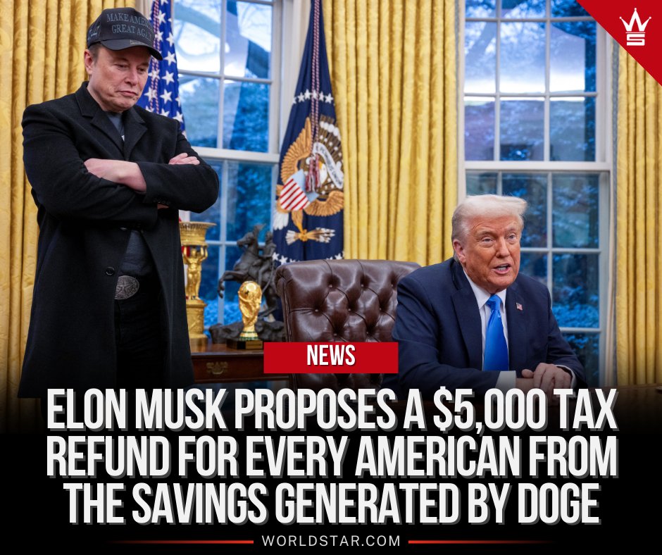 WORLDSTAR's tweet photo. According to reports, #ElonMusk plans to discuss with President #DonaldTrump a proposal to use savings from the Department of Government Efficiency (DOGE) advisory group to issue tax refund checks to Americans. Musk aims to reduce federal spending by $2 trillion from the $6.75 trillion annual budget for the last fiscal year. If achieved, economist Fishback suggests allocating 20% of those savings—about $400 billion—to taxpayers, which could amount to roughly $5,000 per household. Thoughts? 👇🤔
