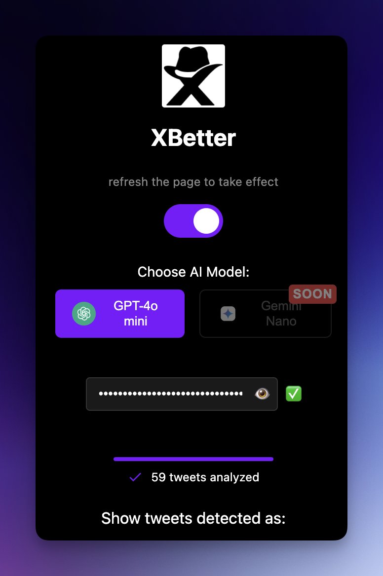 VentureCriminal's tweet photo. Shortly about XBetter:

• Currently WIP, hopefully release in February
• Chrome extension
• Analyses text tweets from your homepage (currently with GPT o4 mini)
• Let's you remove unwanted tweets based on filters
• At launch will require OpenAI API key, will add embedded free models later