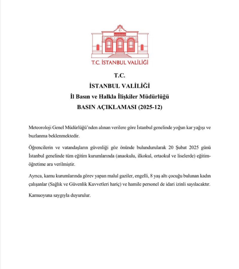 Yoğun kar yağışı ve buzlanma nedeniyle İstanbul’da kamu kurumlarında görev yapan malul gazilerimiz, engelli ve 8 yaş altı çoçuğu bulunan kadın çalışanların idari izinli olacağı İstanbul Valiliğimiz tarafından duyurulmuştur. Bu ince ve hassas düşünceden dolayı valiliğimize