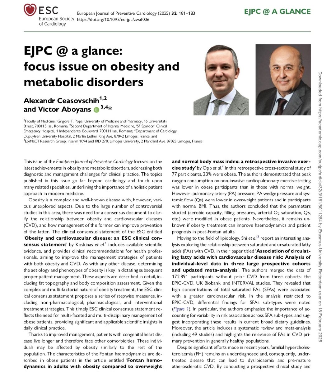 ACeasovschih's tweet image. Check out the latest insightful articles from the February issue of European Journal of Preventive Cardiology! More details in the editorial below. 🔗
academic.oup.com/eurjpc/issue/3…
@EJPCEiC
@AboyansV