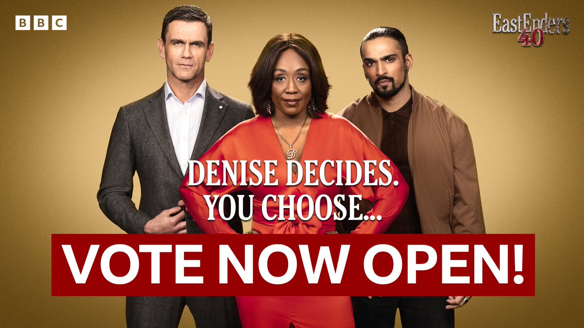 THE VOTE IS OPEN! Denise decides. You choose. Jack or Ravi?
To vote go to bbc.co.uk/eastenders where you will also find the terms &amp; privacy notice (UK only). The vote will close on Thurs 20th Feb at 7.10pm. The result will be revealed during our live episode! #EastEnders #EE40
