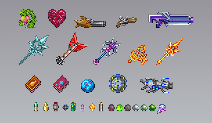 Returned to this little mini project, did all of these in a single vc one day out of pure boredom
#terraria #pixelart
